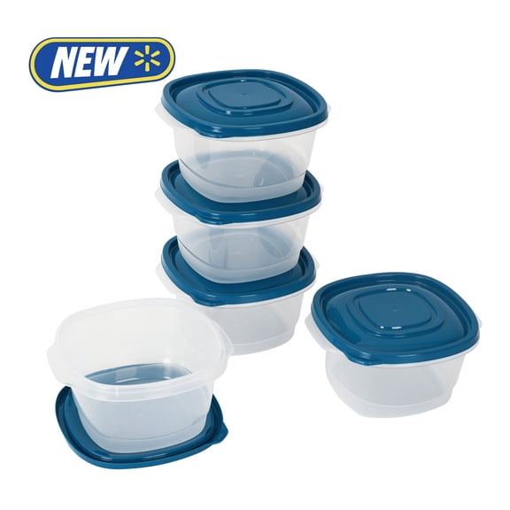 Mainstays Semi Durable Square 5.2cup Plastic Food Storage Container 5 Pack, Made for Family Meals for Easy Serving and Storing