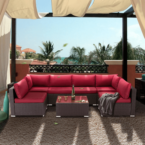 HOMREST 7 Pcs Outdoor Sectional Sofa All Weather Patio Furniture Set W/ Red Cushion & Coffee Table