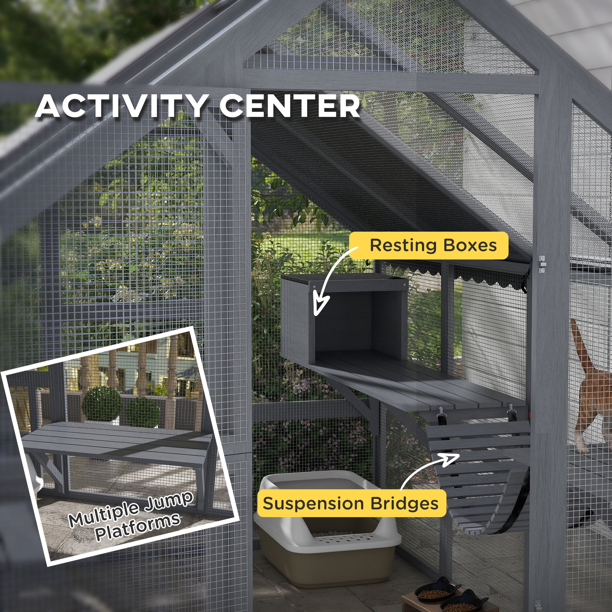 PawHut Large Catio Outdoor Cat Enclosure, Wooden Cat House for Multiple Cats, with Waterproof Cover, 2 Condos, 6 Platforms, Bridge, Doors, Gray