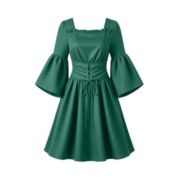 Oksale Medieval Dress for Women Elegant Vintage Flared Sleeve Lace Up Midi Dresses Halloween Square Neck Renaissance Dress 2026 Green S