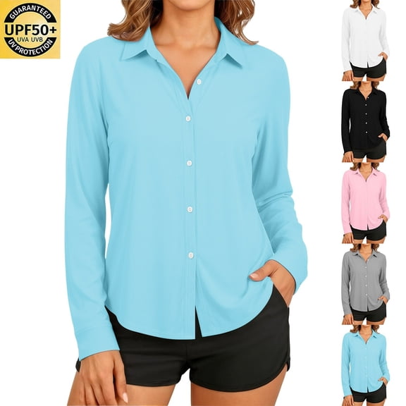 Women's Solid Color Casual Long Sleeve Collared Sun Protection Shirt | CSEONE,Black L