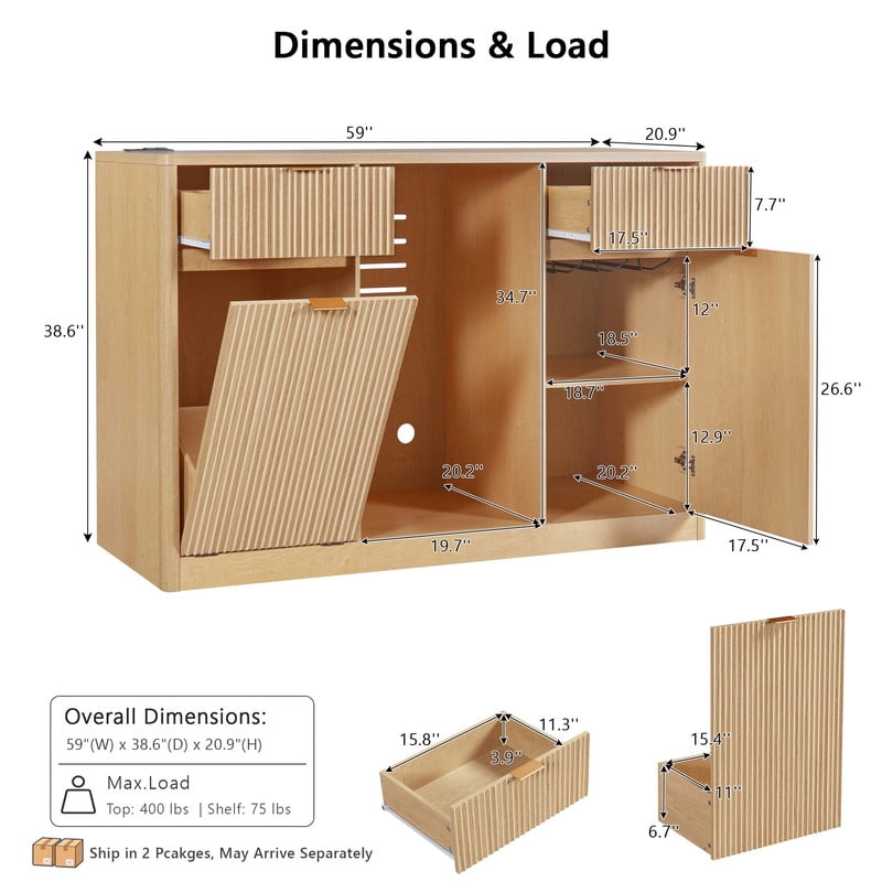 59"W Coffee Bar Storage Cabinet with Small Fridge Space, Kitchen Sideboard Buffet with Tilt-Out Trash Cabinet & Charging Station