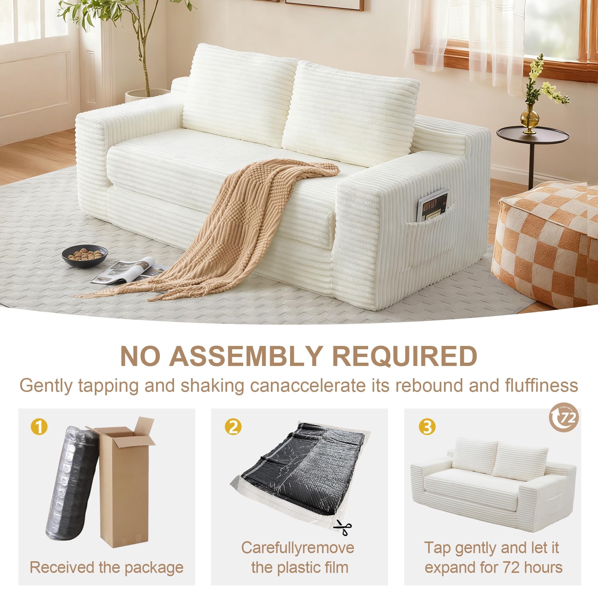 Aukfa 73" Chaise Futon Convertible Sofa Bed Boneless Couch, 2 Pillows&Side Pockets, Queen Size, Corduroy, White