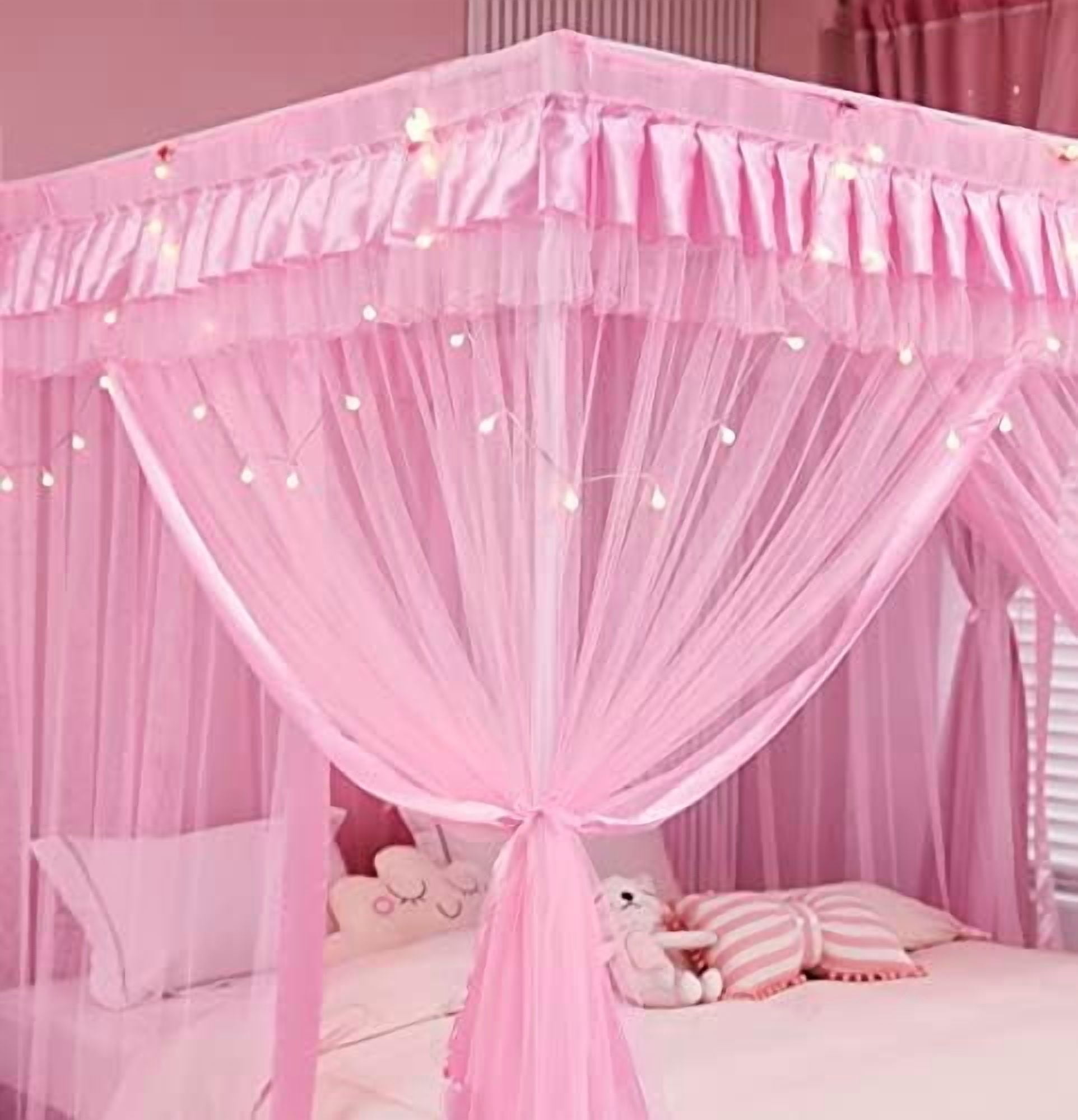 4 Corners Post Canopy Bed Curtains for Girls Full Size - Royal Luxurious Cozy Drape Canopy Bed Frames Netting for Kids Adults- Cute Princess Bedroom Decoration (Pink)