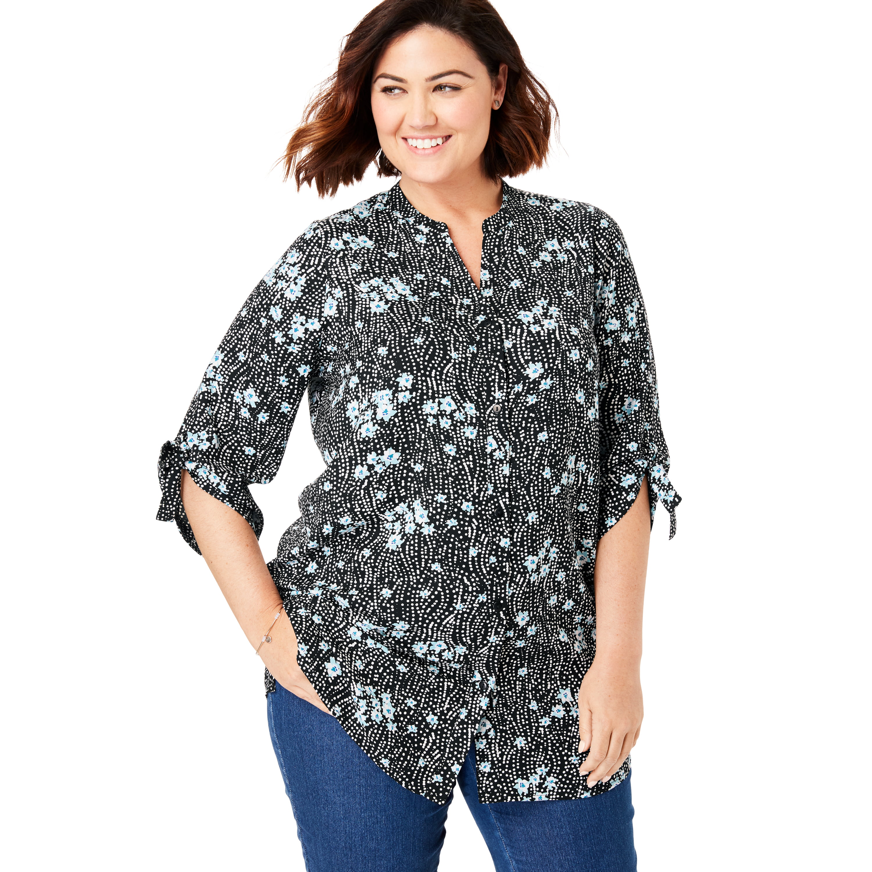 Woman Within - Woman Within Women's Plus Size Tie-Sleeve Button Down ...