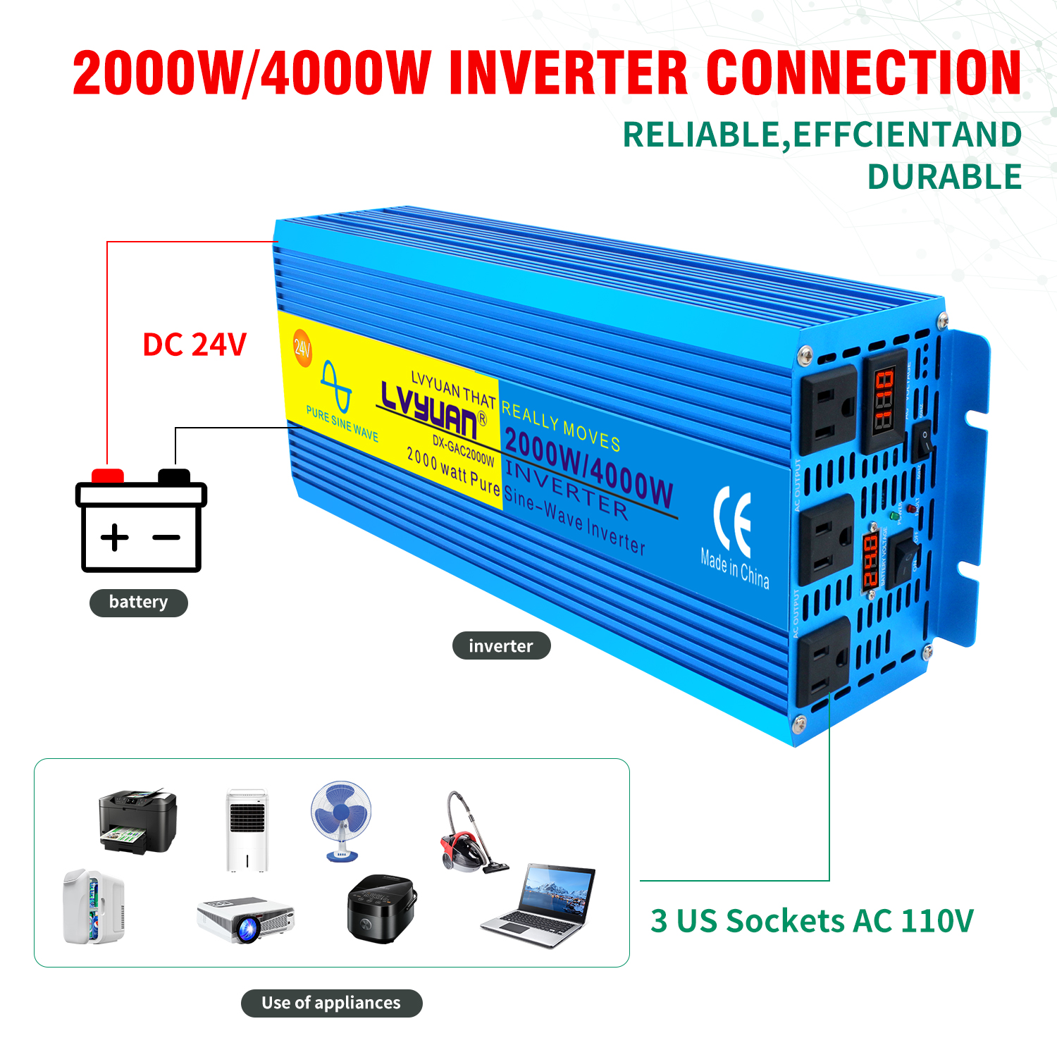 LVYUAN 2000W 4000W Peak Power Inverter DC 24V to AC 110V Pure Sine Wave Car Battery Inverter 3 AC Outlets Charger Adapter LCD Display for Car, RV, Truck, Camping, Home Backup, Emergency Power