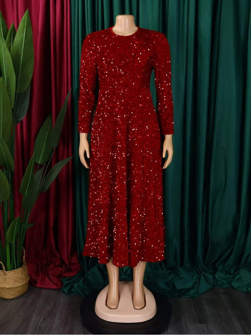 Women's Sequin Plus Size Midi Dress Pleated A Line Cocktail Party Dresses
