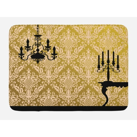 Damask Bath Mat, English Country House Damask Motif on Wall and Chandelier Silhouettes Renaissance, Non-Slip Plush Mat Bathroom Kitchen Laundry Room Decor, 29.5 X 17.5 Inches, Golden Black,