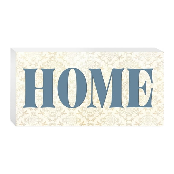 Home Almond Damask Denim Blue 10 x 5 Wood Tabletop Sign Plaque