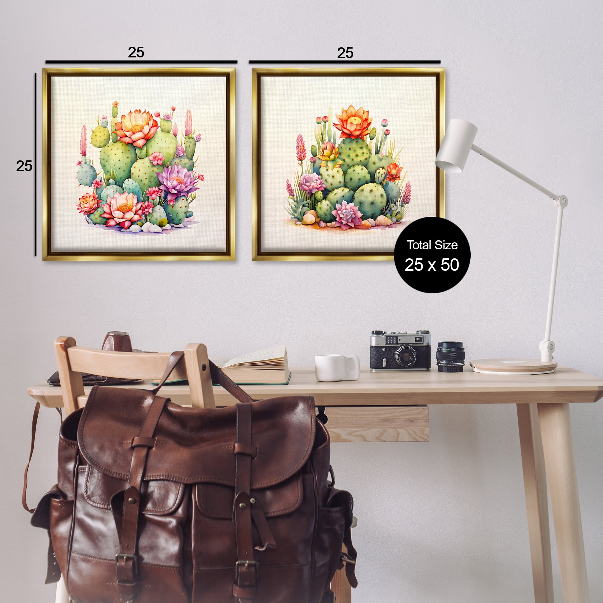 Stupell Industries Desert Spring Cactus Flowers Plants & Flowers Painting Gold Floater Framed Canvas Art Print Wall Art, 25 x 25, Set of 2