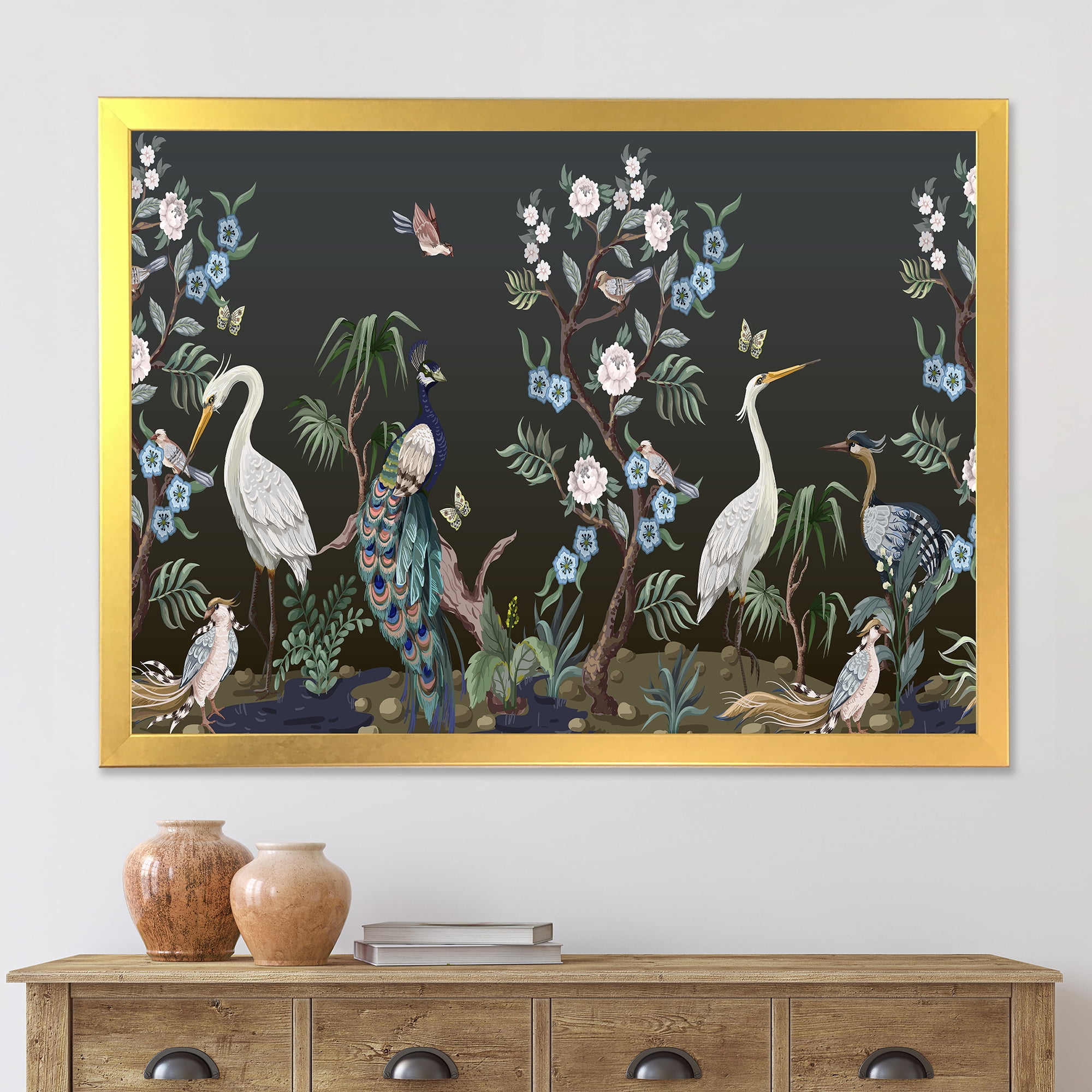 Designart 'Chinoiserie With Peonies and Birds IV' Traditional Framed Art Print
