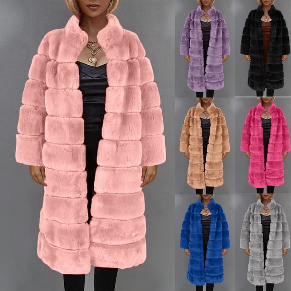 BiZtdJrK Clearance Sales Womens Faux Fur Long Jackets Winter Open Front Long Sleeve Lapel Coats Thermal Padded Fuzzy Fleece Warm Outerwear 2025 Black S