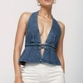 thumbnail image 3 of Hwmodou Sleeveless Denim Jacket Womens Vintage Sleeveless Backless Tie Back Tank Top Halterneck Jean Vest Top Streetwear Cropped Denim Vest, 3 of 9