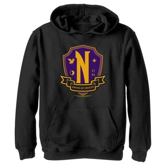 Boy's Wednesday Nevermore Academy Crest  Pull Over Hoodie Black Large