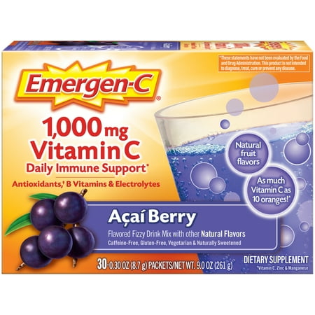 Emergen-C 1000mg Vitamin C Powder, with Antioxidants, B Vitamins and Electrolytes for Immune Support, Caffeine Free Vitamin C Supplement Fizzy Drink Mix, Acai Berry Flavor - 30 Count/1 Month Supply