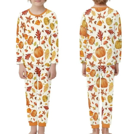 

NETILGEN Mushroom & Thanksgiving Pumpkins 2 Pcs Spring & Autumn Trendy Pajamas for Teens Crewneck Pajamas for Girls Elastic Waist Children Pjs Set for Boys Fit 5-6Y