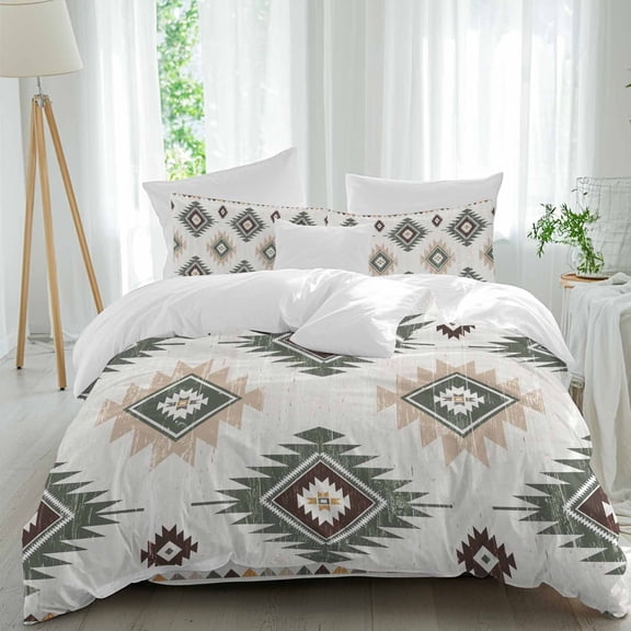 Green Beige Duvet Cover Set Full Size, Aztec Ethnic Southwestern Native Geometric 4 Piece Soft Microfiber Bedding Set with 1 Duvet Cover, 1 Flat Sheet, 2 Pillowcases