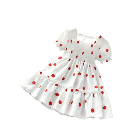 

TheFound Toddler Baby Girl Polka Dot Dresses Kids Short Sleeve Ruffle Pleated One Piece Dress Summer Clothes