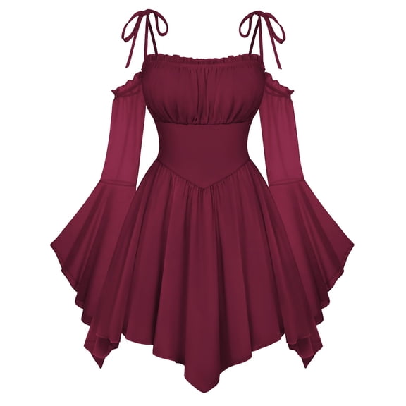 KLHDSF Women's Renaissance Fairy Dress A Line Boho Corset Dress | Long Bell Sleeves Off-shoulder Dress with Pockets, Comfortable Chiffon, for Ren Fair, Pirate Medival Halloween Themed Party Wine L