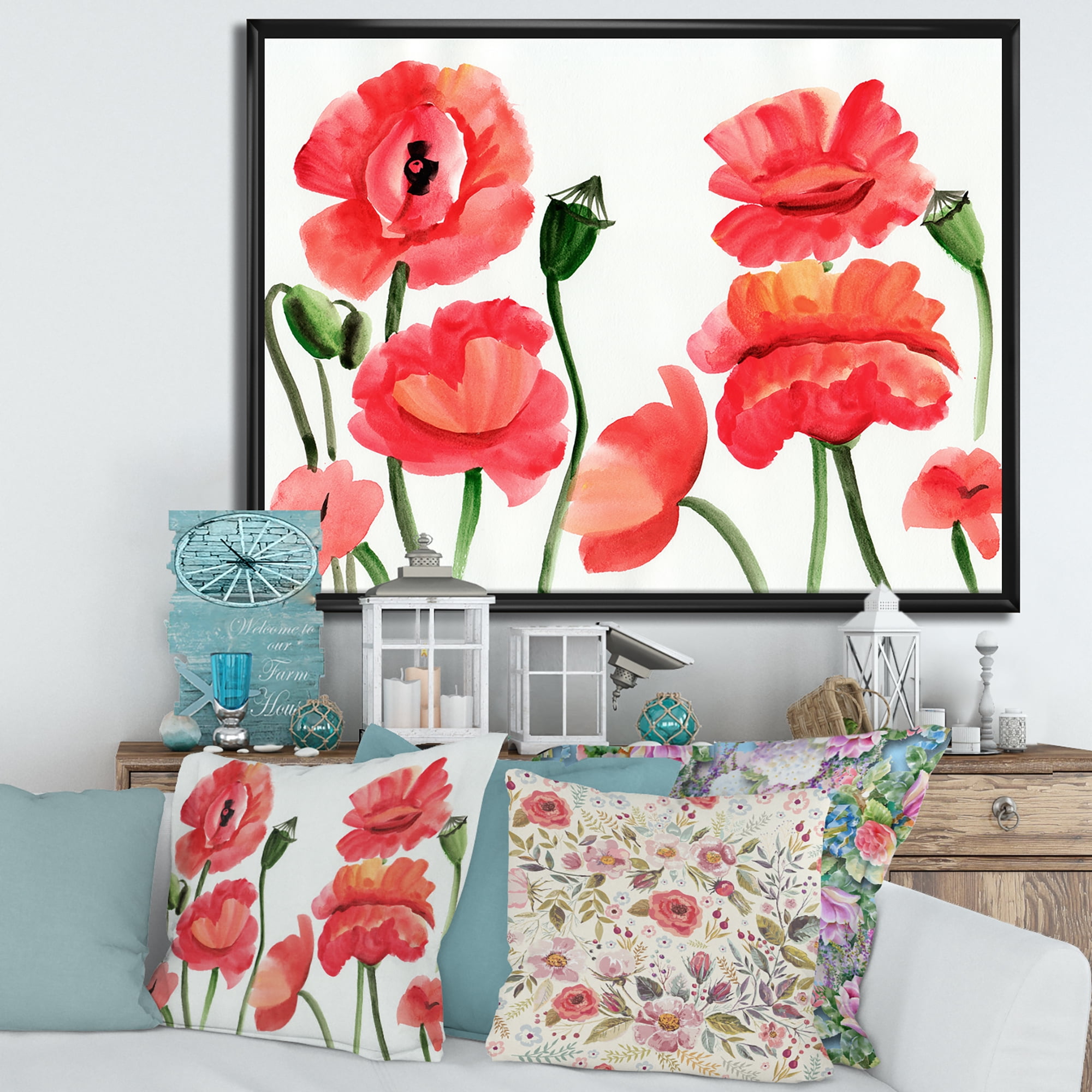 Designart 'Ancient Red Poppies I' Traditional Framed Canvas Wall Art Print