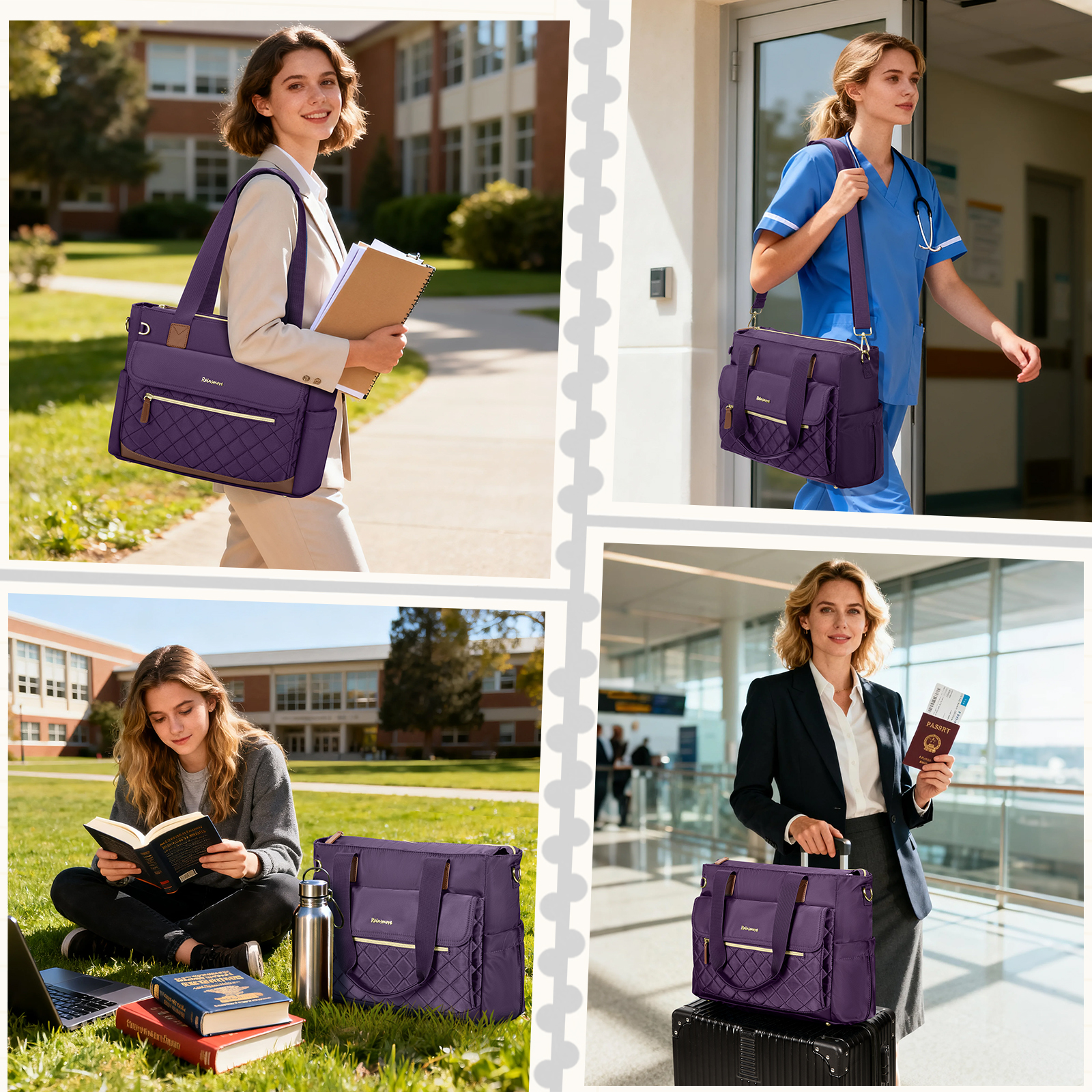 RAINSMORE Teacher Tote Bag 15.6 inch Laptop Bag for Women with Small Bag Professional Work Tote Bags Nurse Bag Computer Briefcase,Deep purple