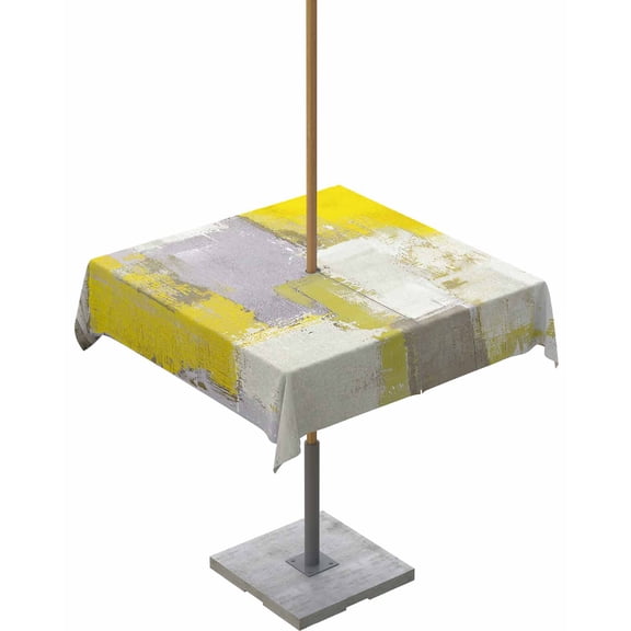 Outdoor Tablecloth with Umbrella Hole for Patio/Picnic/Party/Camping, Yellow Waterproof Table Cloth Square Cover Washable, Modern Geometric Grey Oil Painting Abstract 54"x 54"
