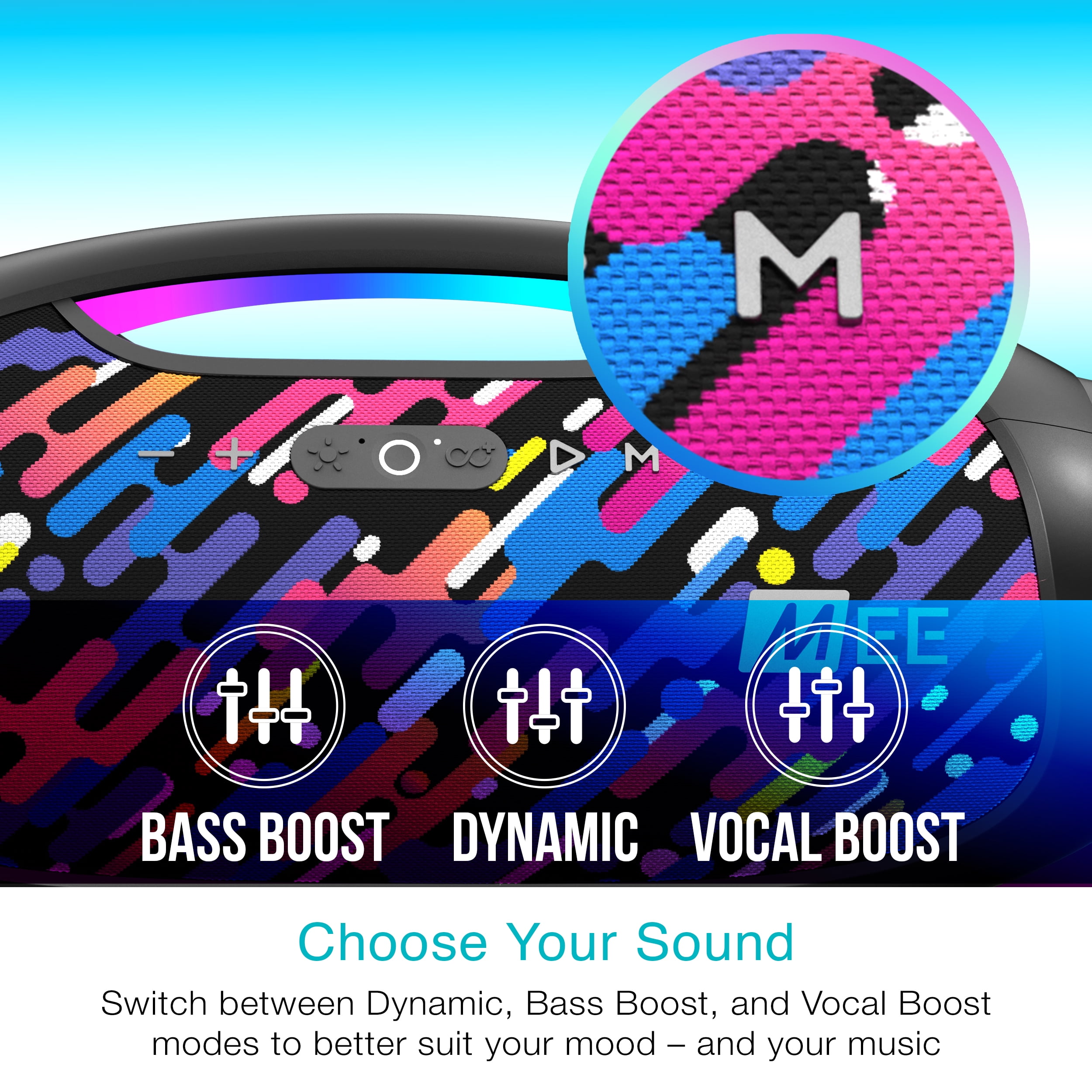 MEE audio partySPKR Bluetooth Wireless Speaker with Dynamic LED Lighting, 2 Subwoofers for Powerful Sound, Connect 100+ Together; Large Yet Portable for Indoors/Outdoors (Colorful)