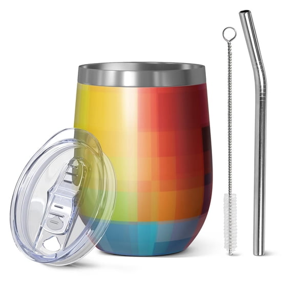 12oz Stemless Wine Tumblers Colorful Rainbow Checkered Pattern Vacuum Insulated Stainless Steel Travel Tumbler Cups Mug with Lid and Straw for Champaign,Cocktail,Beer with Cleaning Brush