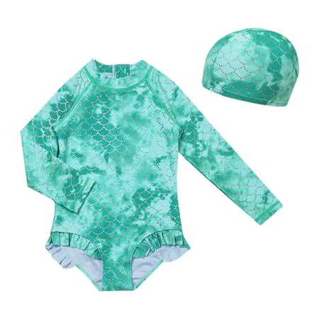 Toimothcn Swimsuit For Girls Long Sleeve Casual Fish Scale Printed 2 Piece Bikini Set Quickly Dry Cover Up Swimwear 8-9 Years