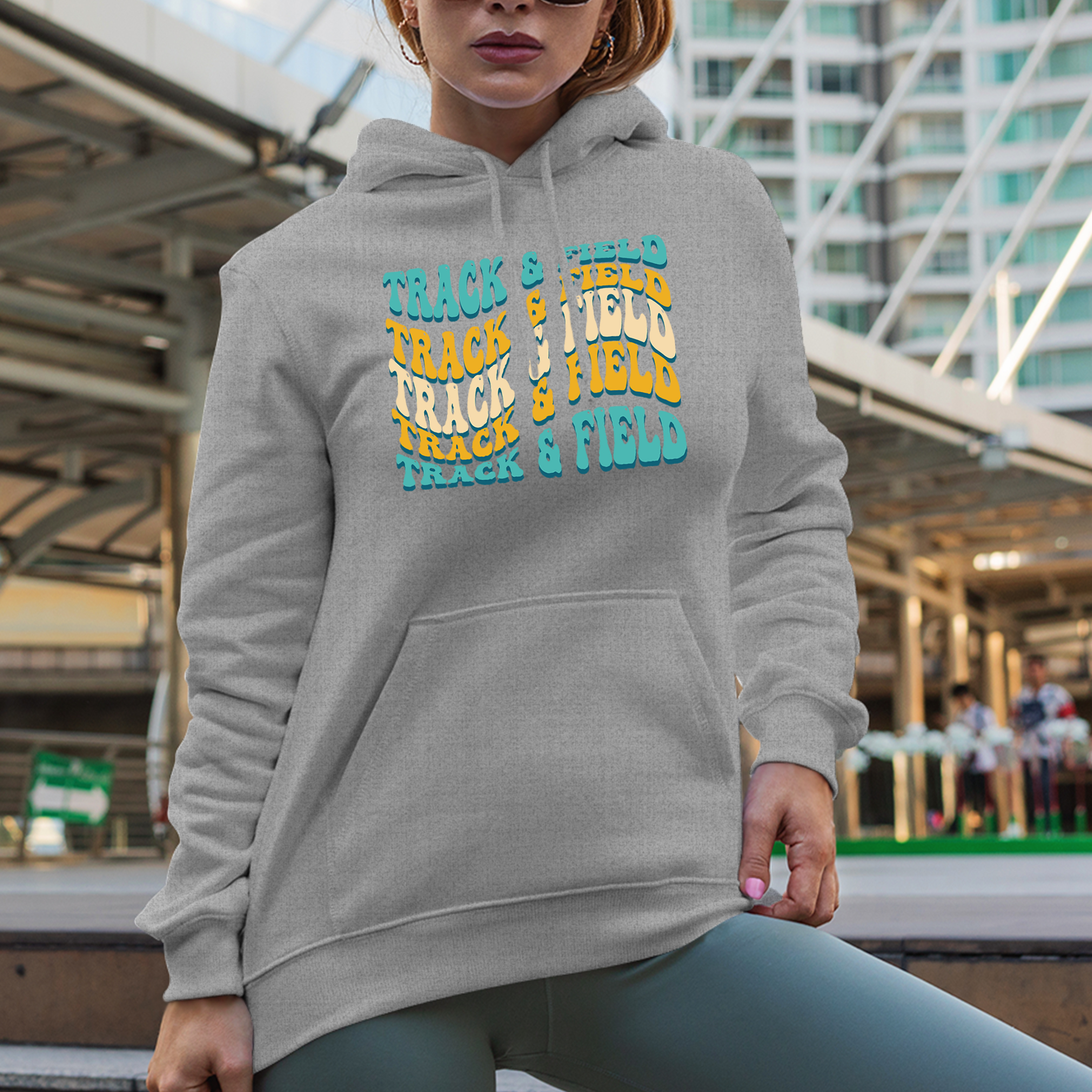 Track & Field, Sports Themed, Groovy Retro Wavy Text Merch Gift, Heather Grey Hooded Sweatshirt or Hoodie, Large