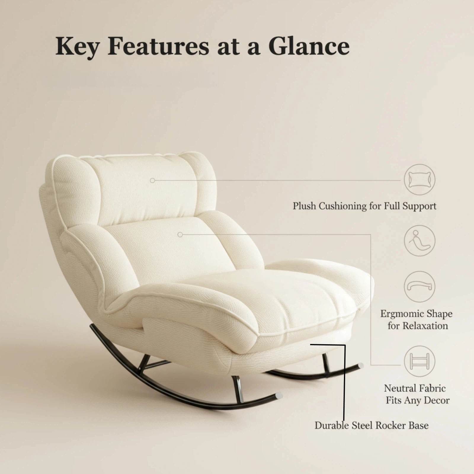 Keerffo Sofa Rocking Chair Metal Frame with Adjustable Backrest Comfortable Decorative Chair Modern Ergonomic Sofa for Living Room Bedroom
