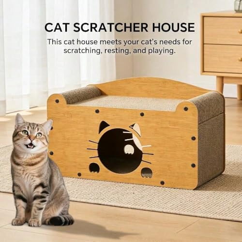 Cat Scratcher House, 2 in 1 Cat Bed and Cave, Wooden Scratching Board for Kittens and Adult Cats