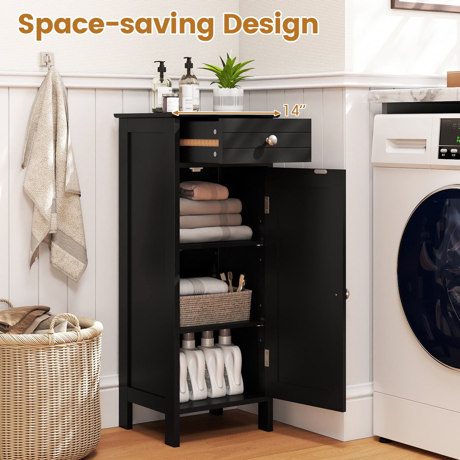 Costway Bathroom Storage Floor Cabinet Organizer Free-Standing w/ Drawer Black
