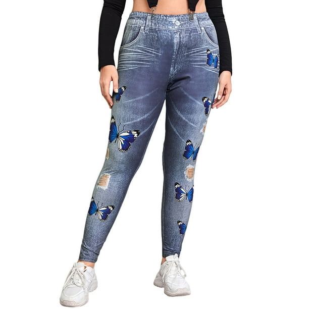 Sexy Dance Women Printed Denim Jeggings Plus Size Look Print High Waist  Fake Jeans Slim Fit Bottoms Oversized Trousers Gray Blue 3XL 