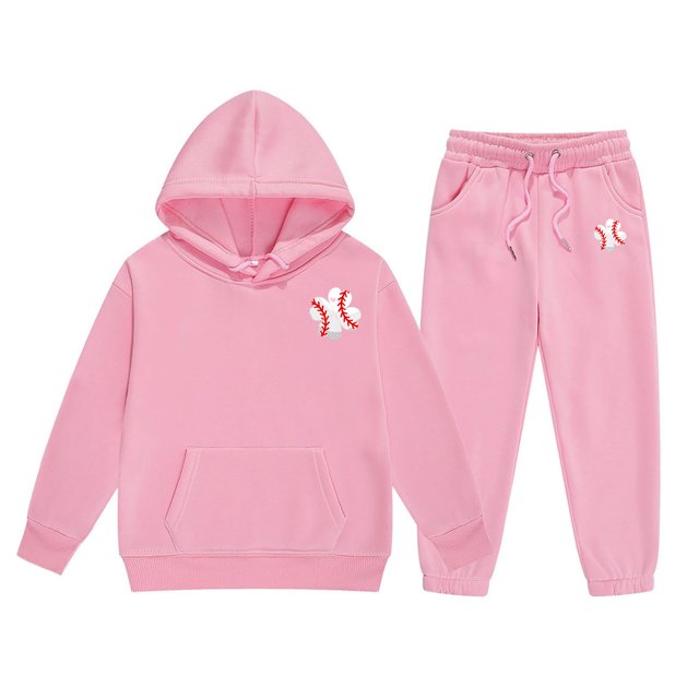 FAOWME Baseball Printed Girls Outfits Tracksuits Sweatsuit Sweatshirt Tops Hoodie Trousers Pant Sets Child 2PCS Set Kids Solid Color Long Sleeved Hoodie And Sweatpants Pants Trousers Pink 8-9 Years