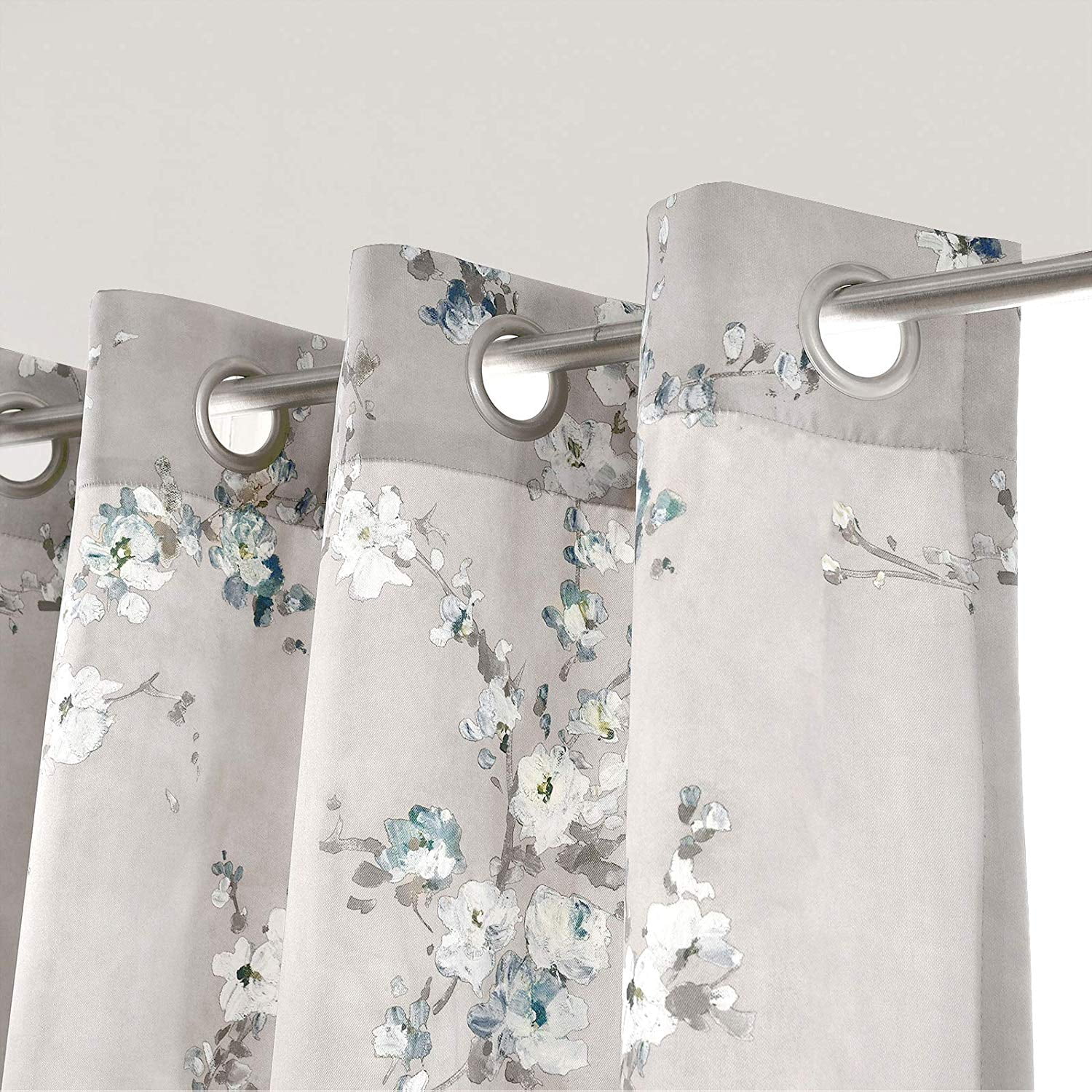 DriftAway Mackenzie Thermal Room Darkening Grommet Unlined Window Curtains Blossom Floral Pattern 2 Panels 50"x96" Blue Gray