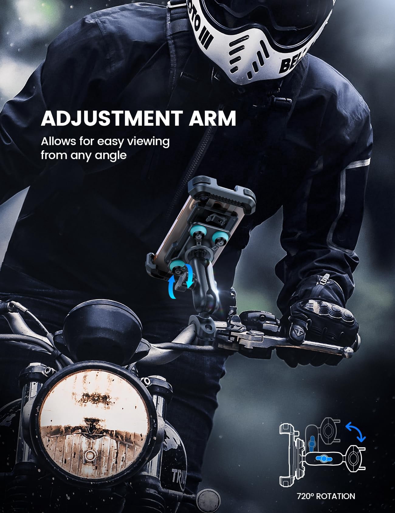 Motorcycle Phone Mount Holder - [Dual Vibration Dampener] [Metal Adjustment Arm] Motorcycle Cell Phone Holder, Bike Handlebar Phone Mount, Gifts for iPhone 16 15 14 Pro Max, 4.7-6.7" Phones
