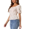 thumbnail image 4 of INSPIRE CHIC Women's Puff Sleeve Tops Sweetheart Neck Smocked Floral Blouses M White Yellow, 4 of 6
