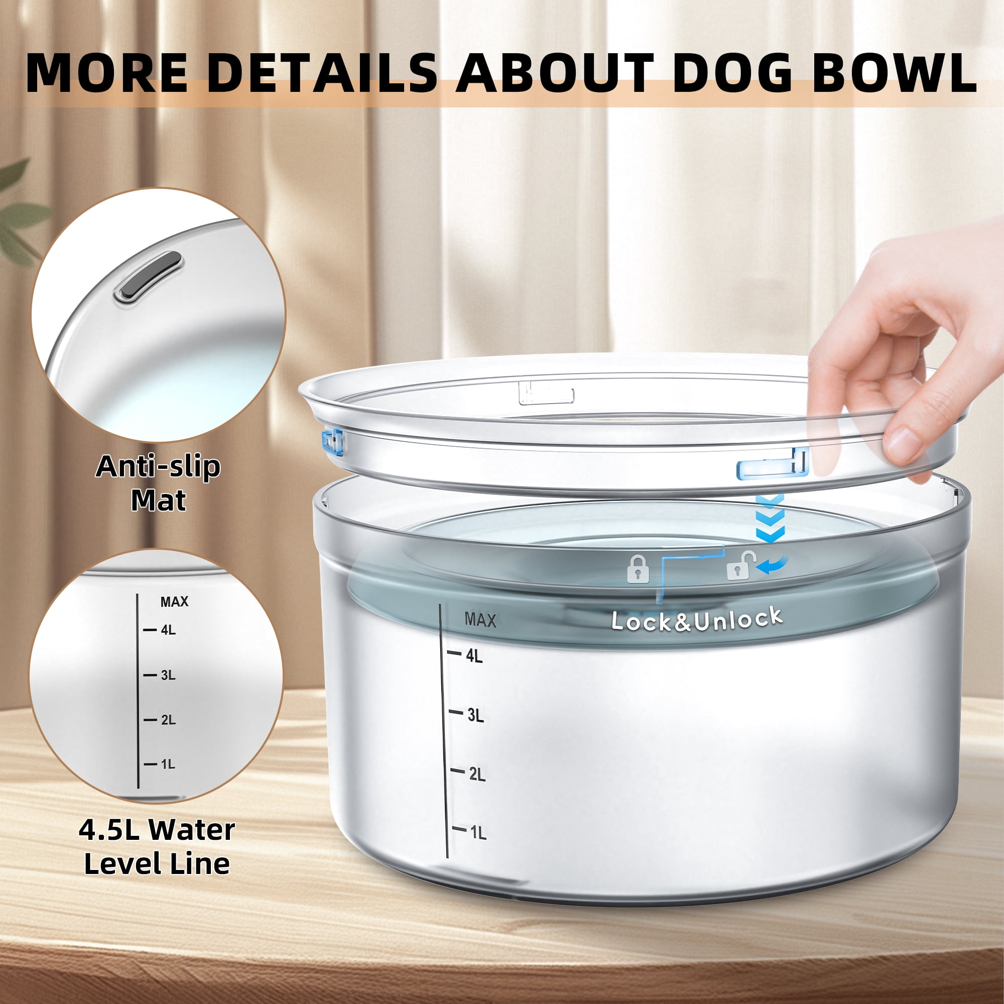 UPSKY 1.2Gallon Dog Water Bowl No Spill, 4.5L Large Capacity Spill Proof Dog Bowls with Transparent Floating Disk, No Splash Slow Drinking Dog Bowl for Sloppy Messy Drinkers