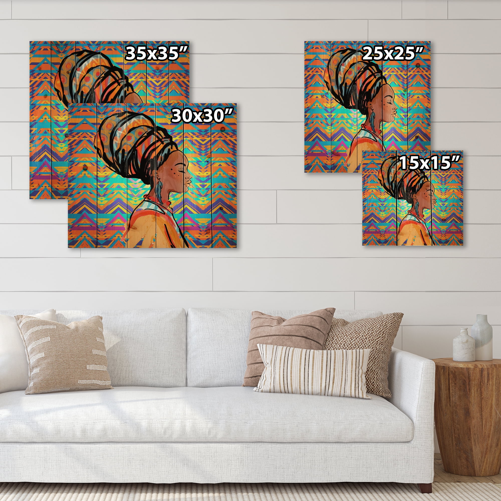 Designart 'African American Woman Portrait with Turban IV' Modern Print on Natural Pine Wood