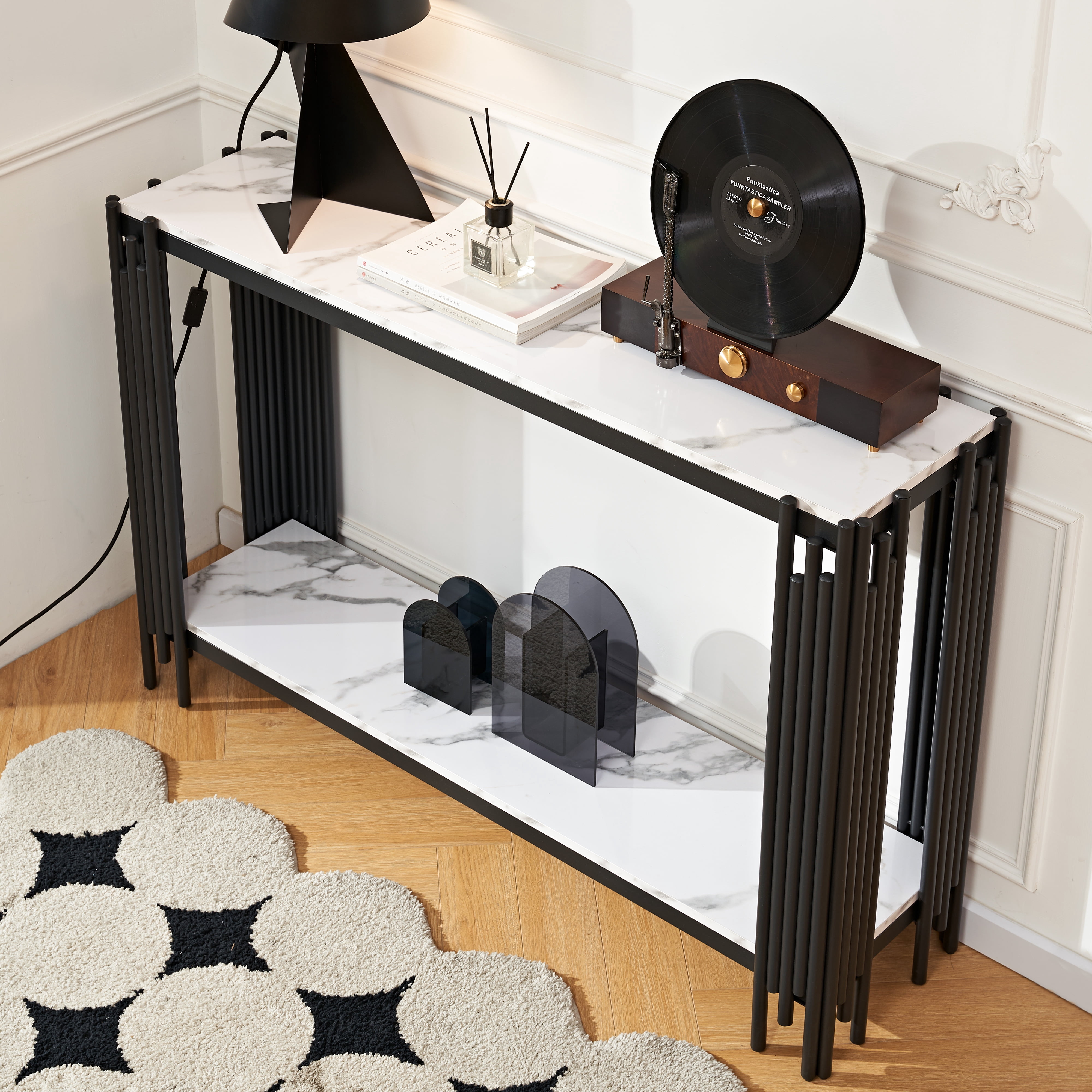 49'' 2 Tier Faux Marble Entryway Console Table, Living Room Sofa Entryway Console Table, Modern Narrow Entryway Table, Hallway Entrance Table, Adjustable Feet, for Entrance, Hallway, Black