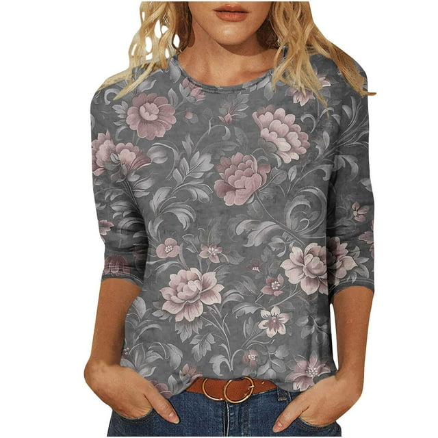 Tnhcen Hauts Graphiques Basiques à Manches 7/8 et Col Rond Imprimé Vintage pour Femmes - Chemises d'Automne Amicales Grande Taille P-5TG