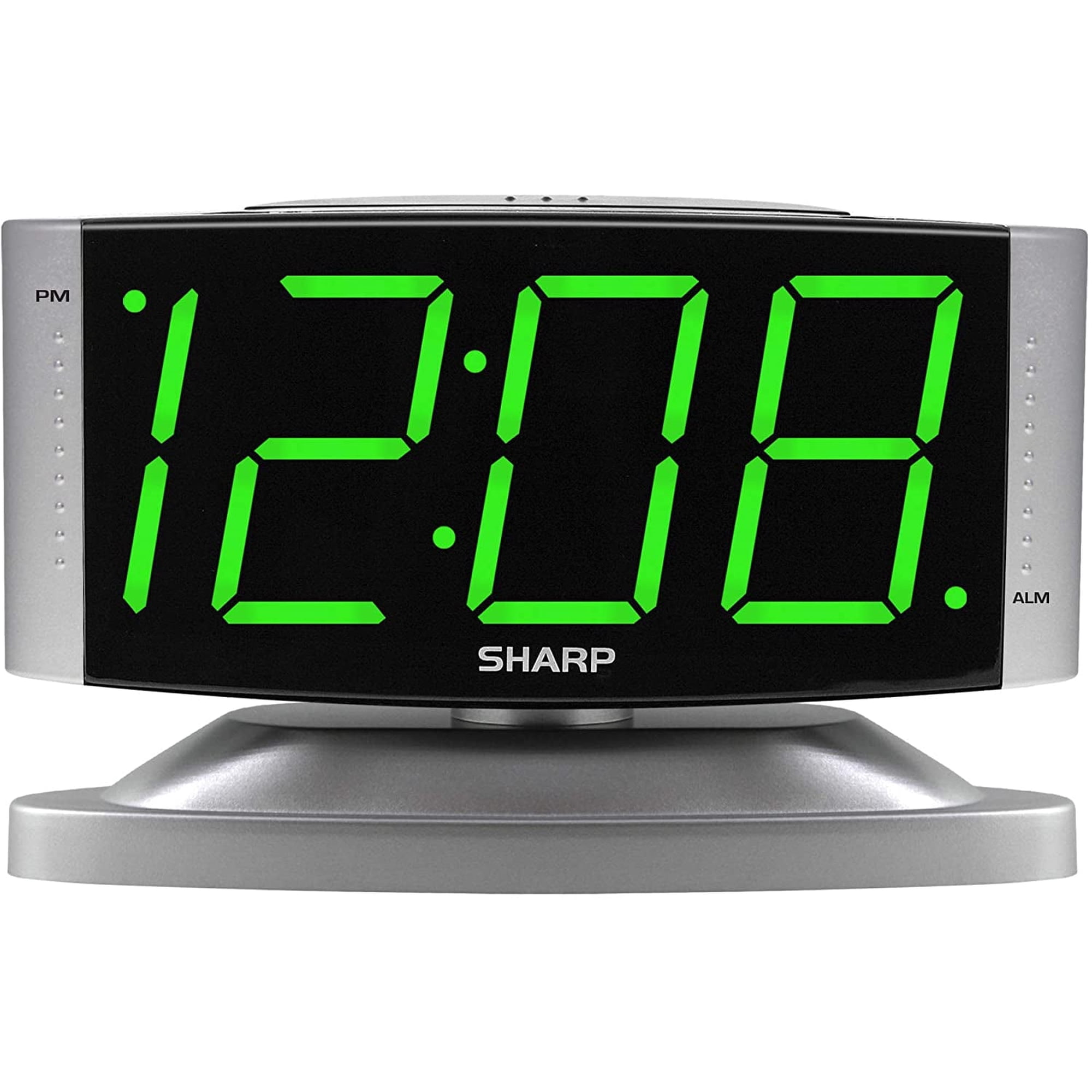 Sharp LED Digital Alarm Clock with Battery Backup, 120V Plug, Swivel Base, Large Green Display