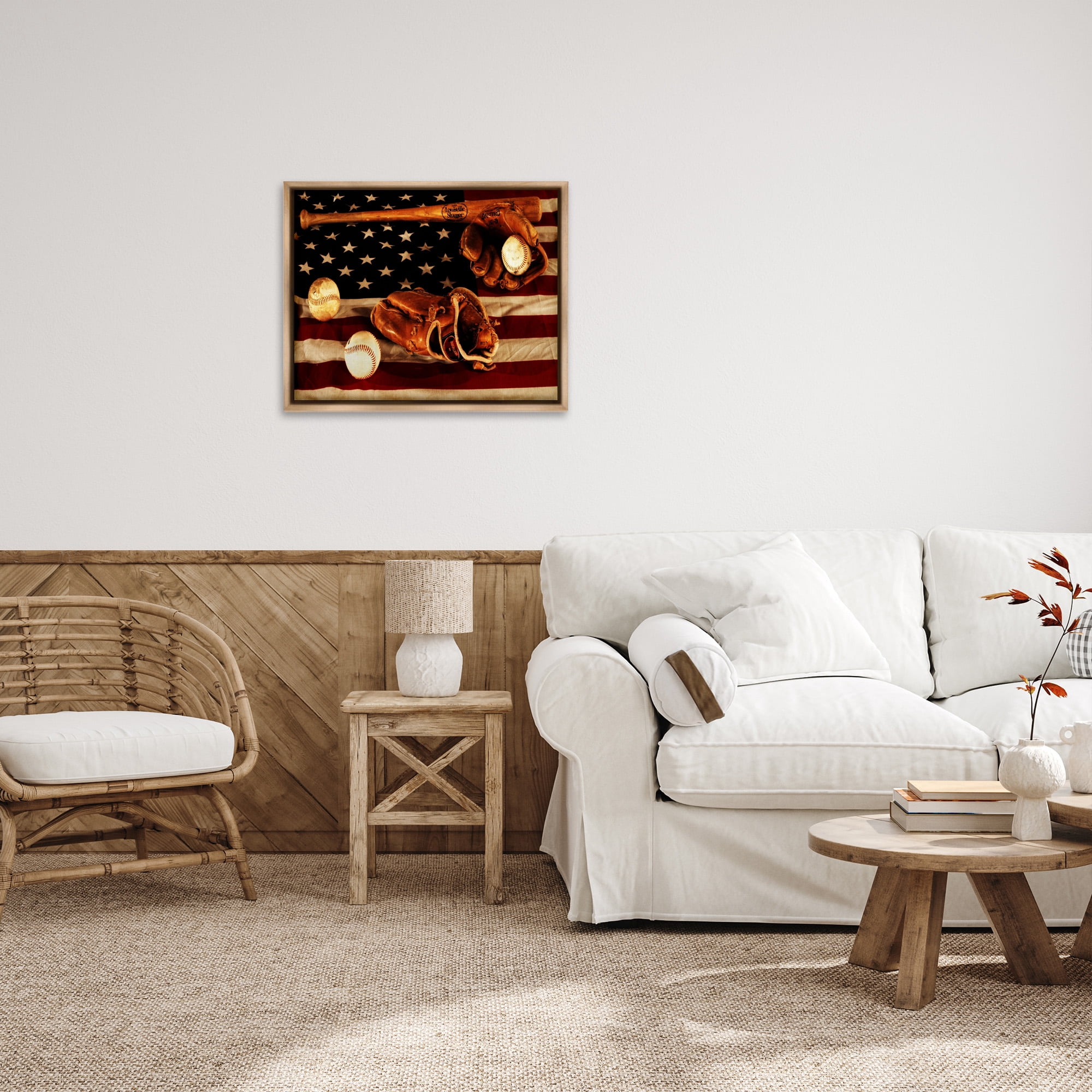 Stupell Industries Vintage American Flag Baseball Photo Sports Photography Brown Floater Framed Canvas Art Print Wall Art, 31 x 25