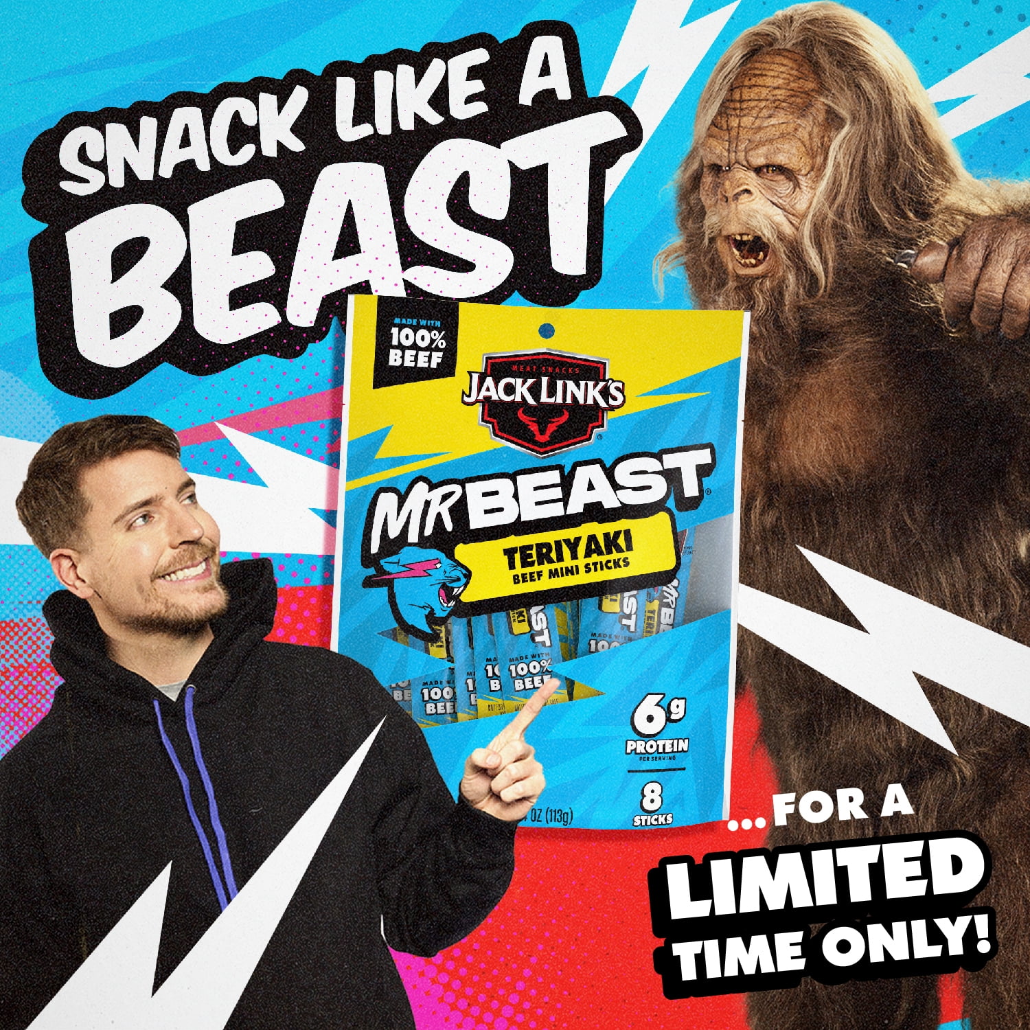 Jack Link's x MrBeast Teriyaki Mini Beef Sticks, 4 ounce Bag, 8