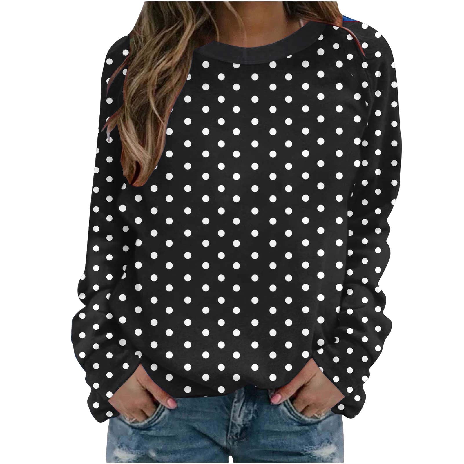 VEKDONE Women’s Polka Dot Print Sweatshirt Long Sleeve Crewneck Casual Pullover Tops Loose Fit Lightweight Basic Sweatshirts