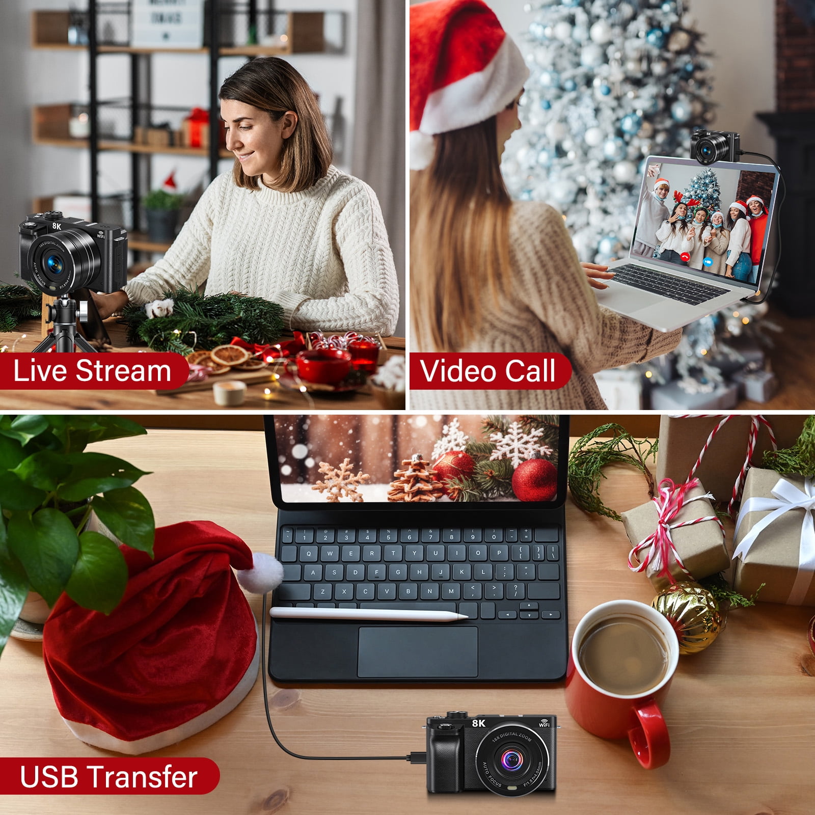 Digital Cameras for Photography 8K WiFi 88MP 18X Zoom Autofocus Vlogging Camera with 3" 180° Flip Screen, 64GB Card