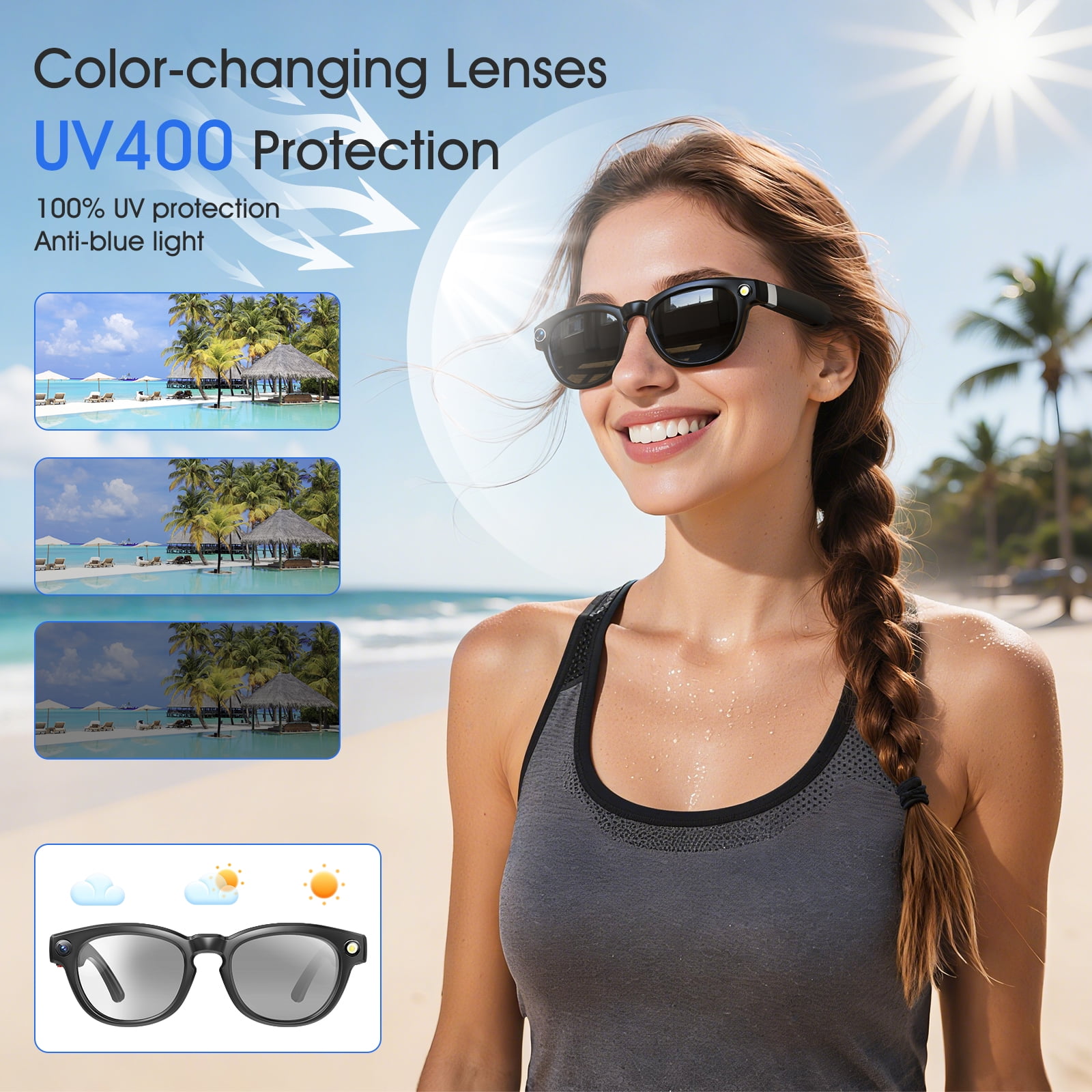 AI Smart Glasses with 8MP Camera, Real-Time Translation, Bluetooth Music & Calls, Color-Changing Lenses, Long Battery for Travel & Business