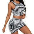 thumbnail image 2 of Idoravan Women Sets Clothing Clearance 2PC Fashion Womens Round Neck Solid Patchwrok Sleeveless Blouse +Mini Dress Sets, 2 of 6