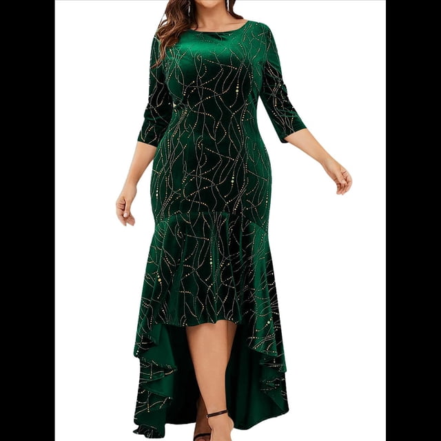 Vestidos de Talla Grande para Mujer, Vestido Formal de Terciopelo con Mangas 3/4, Corte Sirena y Dobladillo Alto y Bajo Verde 5XL